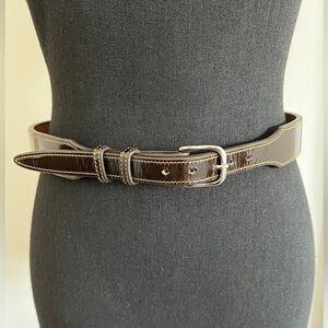ENDRES Brown Patent Leather Shiny Belt Silver Tone Brass Buckle Western Handmade